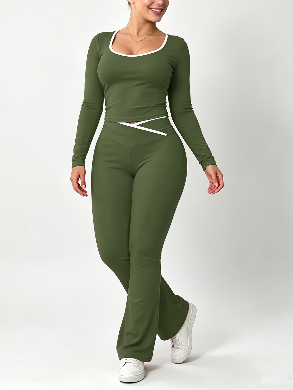 Slim Fit Cross Waist Color Block Crop Pants Set for Fall/Winter - ayq