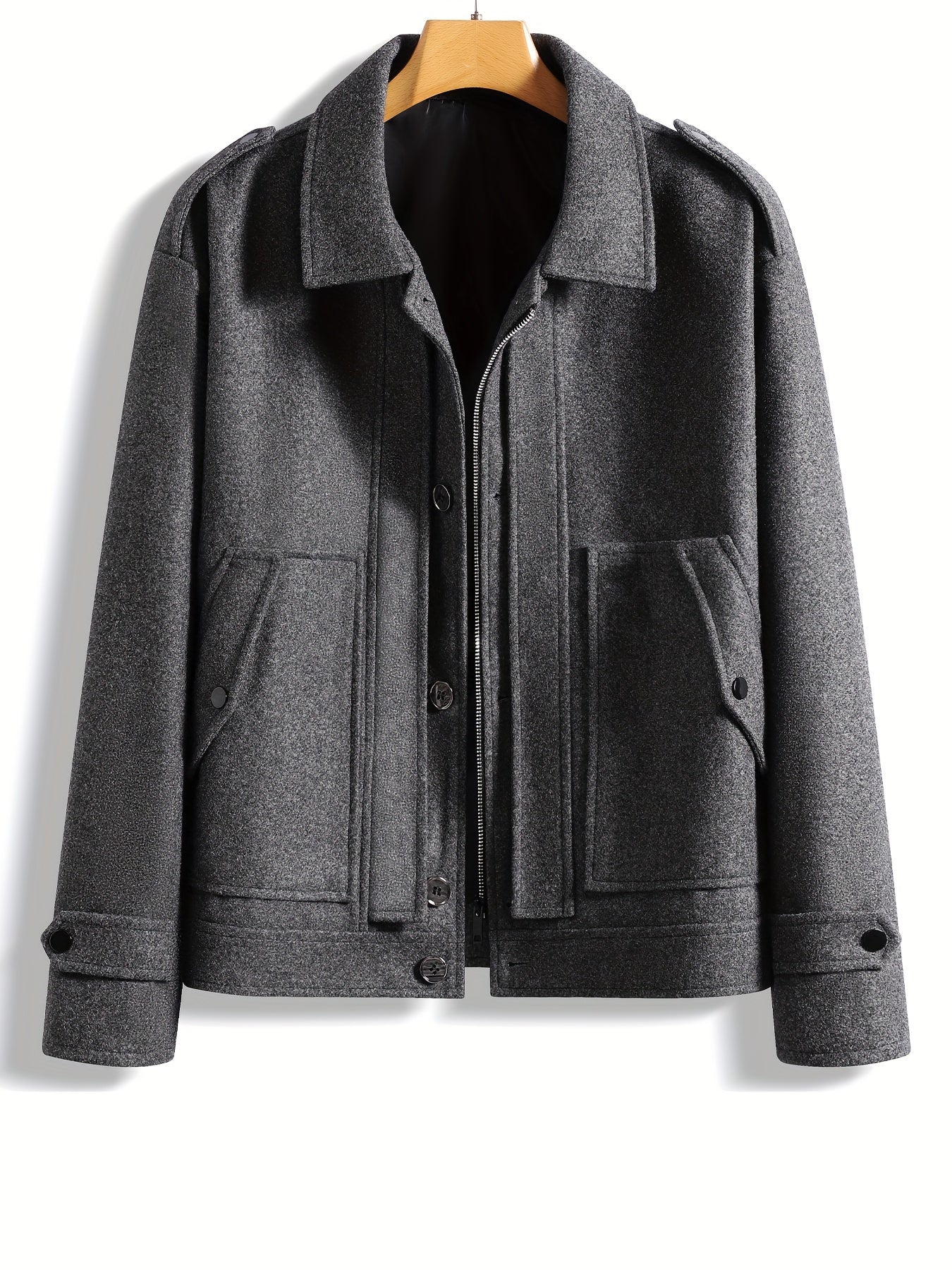 Men's Stylish Autumn/Winter Warm Polyester Casual Jacket with Lapel Collar, Zipper Closure, and Pockets - 100% Polyester Solid Color Loose Fit Coat