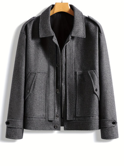 Men's Stylish Autumn/Winter Warm Polyester Casual Jacket with Lapel Collar, Zipper Closure, and Pockets - 100% Polyester Solid Color Loose Fit Coat