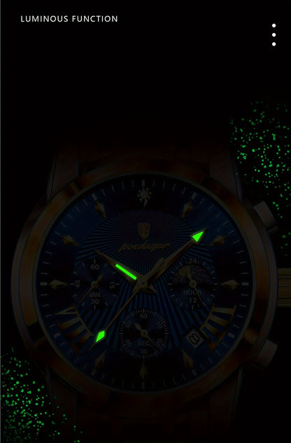 [Sophisticated Charm] Men's Multifunctional Fashion Watch - Waterproof Quartz Wristwatch with Chronograph, Stainless Steel Band, Blue Dial & Golden Accents, Ideal Gift for Men, Casual Timepiece|Contemporary Watch|Golden Accen