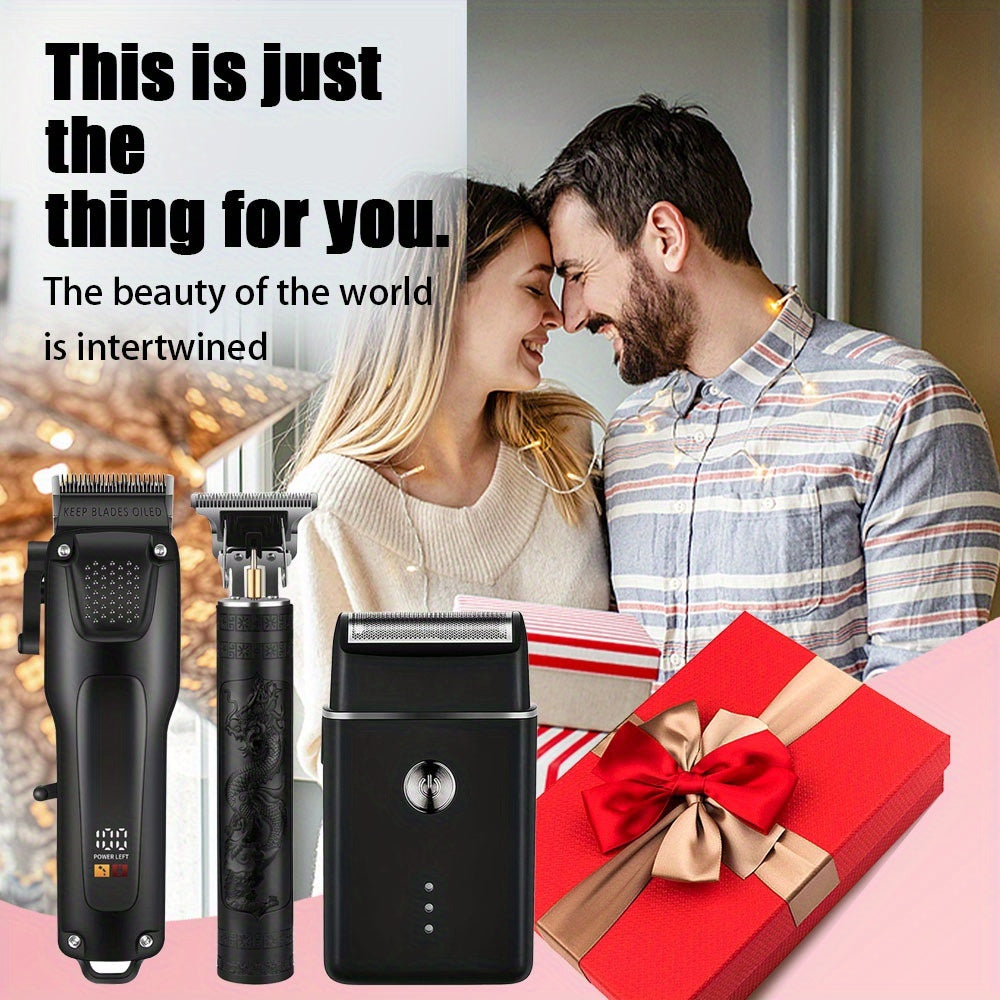 3pcs Men'S Professional Hair & Beard Grooming Kit - Cordless Clippers with LED Display, Precision Trimmer Set, USB Rechargeable, for Home Use, Perfect Holiday Gift - ayq