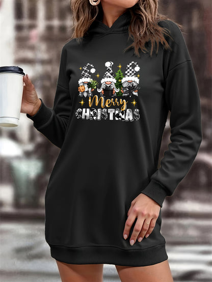 Women's Christmas Gnome Print Hooded Sweatshirt Dress - Soft Slim Fit Sweater Dress with Holiday Cheer Gnome Patterns, All-Season Casual Dress for Christmas Party Outfits (Machine Washable)