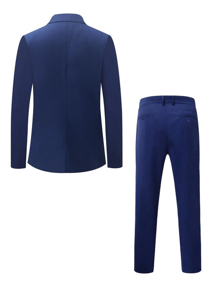 Men's Two-Piece Suit in Solid Color with Sealed Pockets, Regular Fit Suit Trousers, Elegant and Classic, Suitable for Business and Wedding Parties