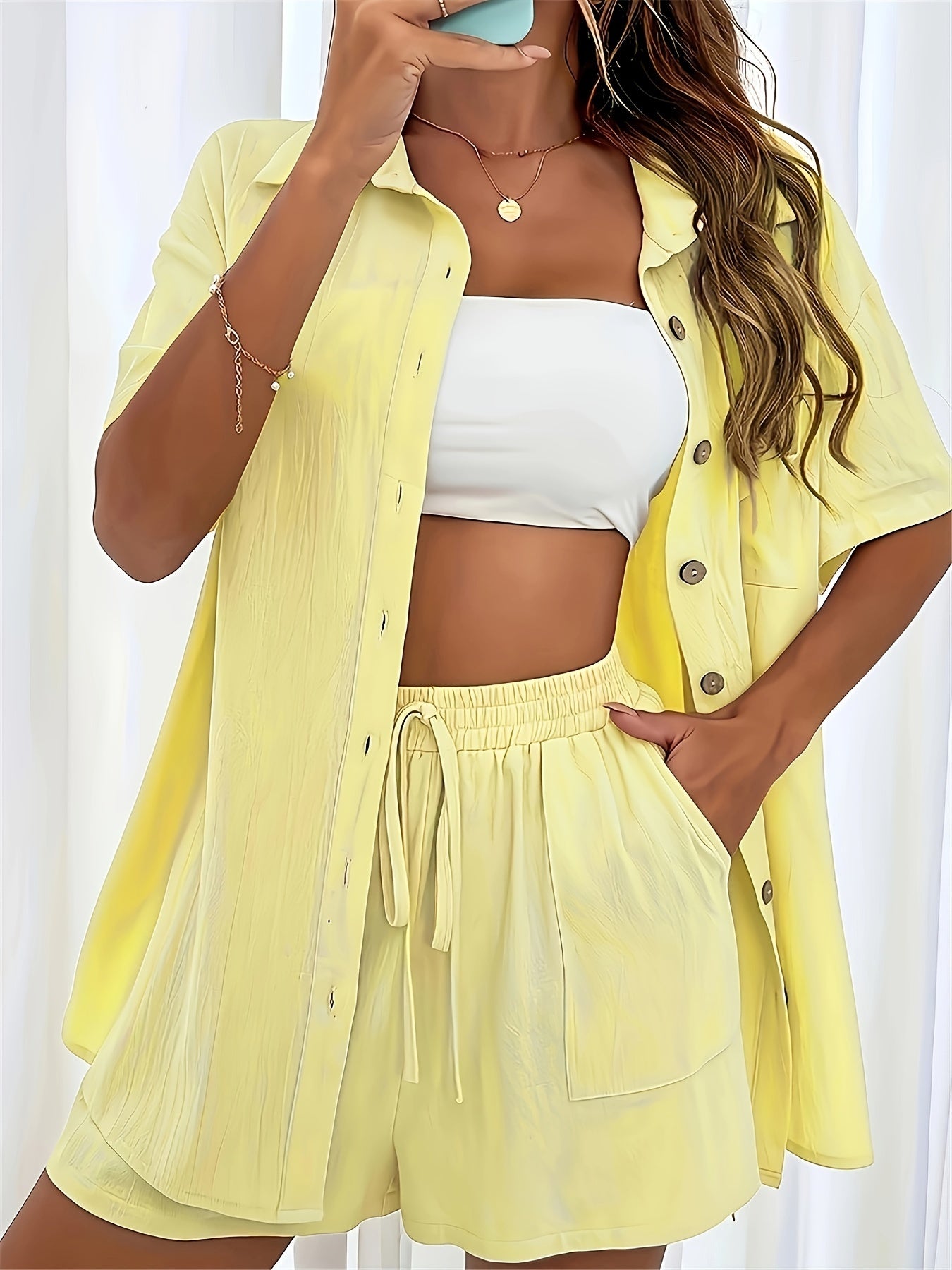 Women's Casual Two-Piece Set: Button-Up Shirt & Drawstring Shorts