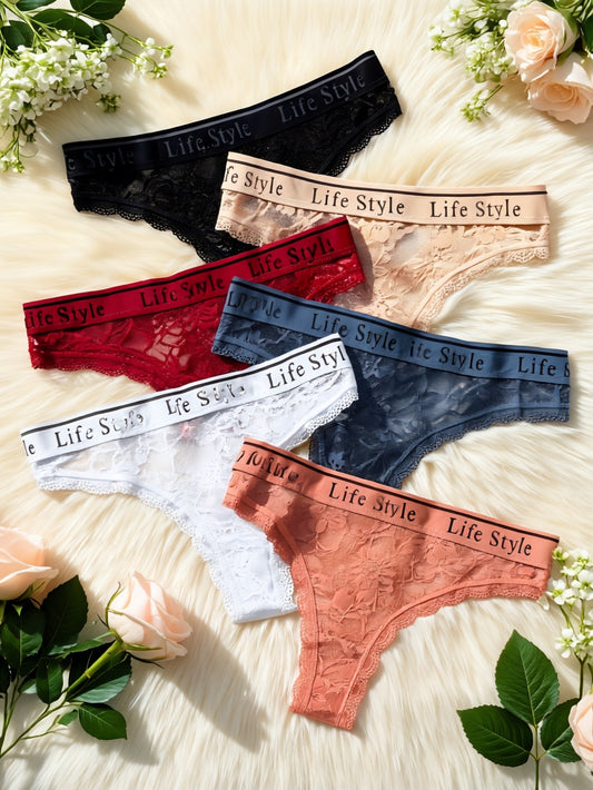 6-Pack Women's Lace Low Rise Thong Underwear - Comfortable & Sexy - ayq