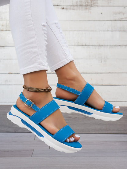 Mhysa Women's Comfortable Open-Toe Platform Sandals with Thick Sole & Golden Buckle Strap - Summer Casual White PU Cover Ankle Strap Sandals for Casual Attire, Ladies Sandals