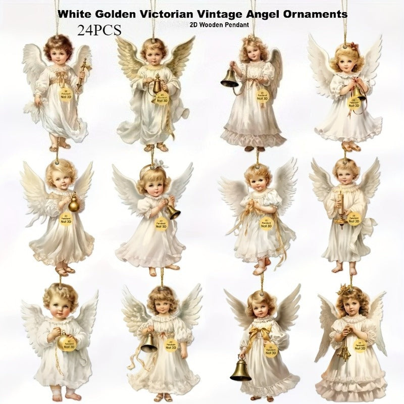 12pcs/24pcs Victorian Style Angel Ornaments - Serene White Angels with Golden Bells and Ribbons, Perfect for Home, Window, Fireplace, and Party Decorations, Festive Spring and Country Style, Ideal Celebration and Party Gift,
