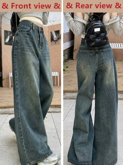 1pc XNVJEVGY Women'S High-Waisted Wide Leg Denim Jeans, Casual Style, Non-Stretch, Solid Color, Long Pants with Zipper Closure, Washed Finish, Suitable for All Seasons
