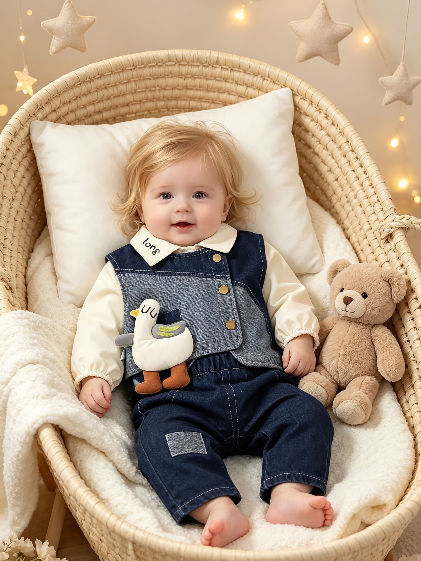 Միասեռ մանկական ջինսե ժիլետ, վերնաշապիկ և երկար տաբատի հավաքածու գարուն-աշնան համար