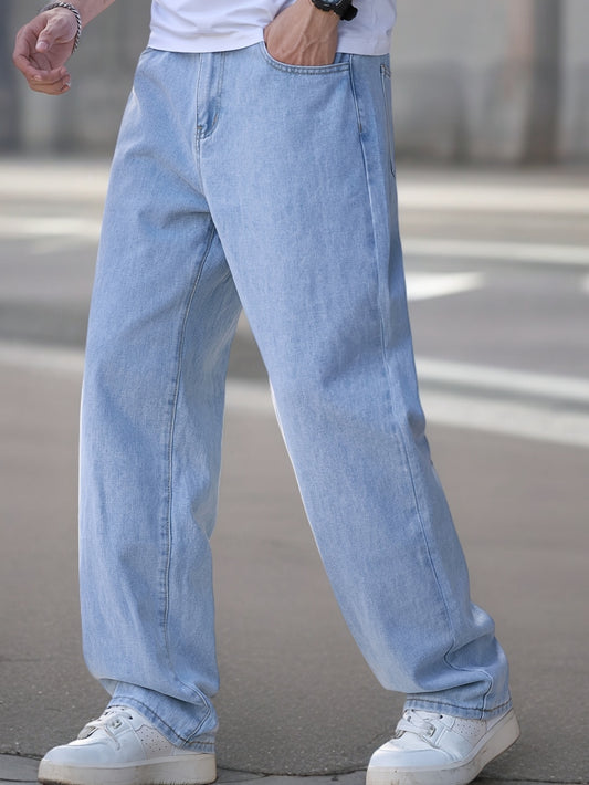 Men's Relaxed Fit Light Blue Denim Jeans - Casual Straight Leg Blend Pants, Machine Washable, Comfortable for Casual Attire, Casual Wear Jeans | Relaxed Fit Jeans | Blend Denim