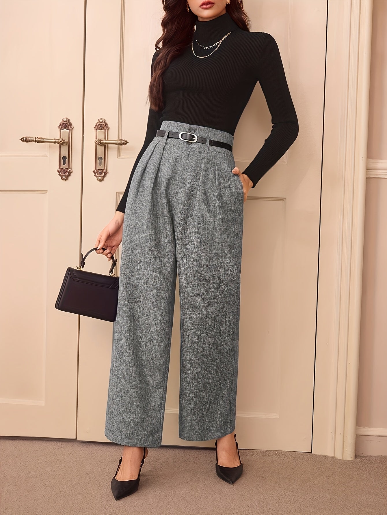 Large Elegant High-Waist Gray Wide Leg Pants for Women - Polyester Blend, Casual Straight Cut, Non-Stretch Solid Color, Long with Button Detail, All-Season Wear