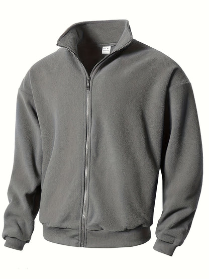 1pc Men'S Casual Sports Fleece Jacket - Solid Color Polyester Knit with Slight Stretch, Stand Collar, Long Sleeve, Regular Fit, Zipper Closure, Daily & Casual Wear