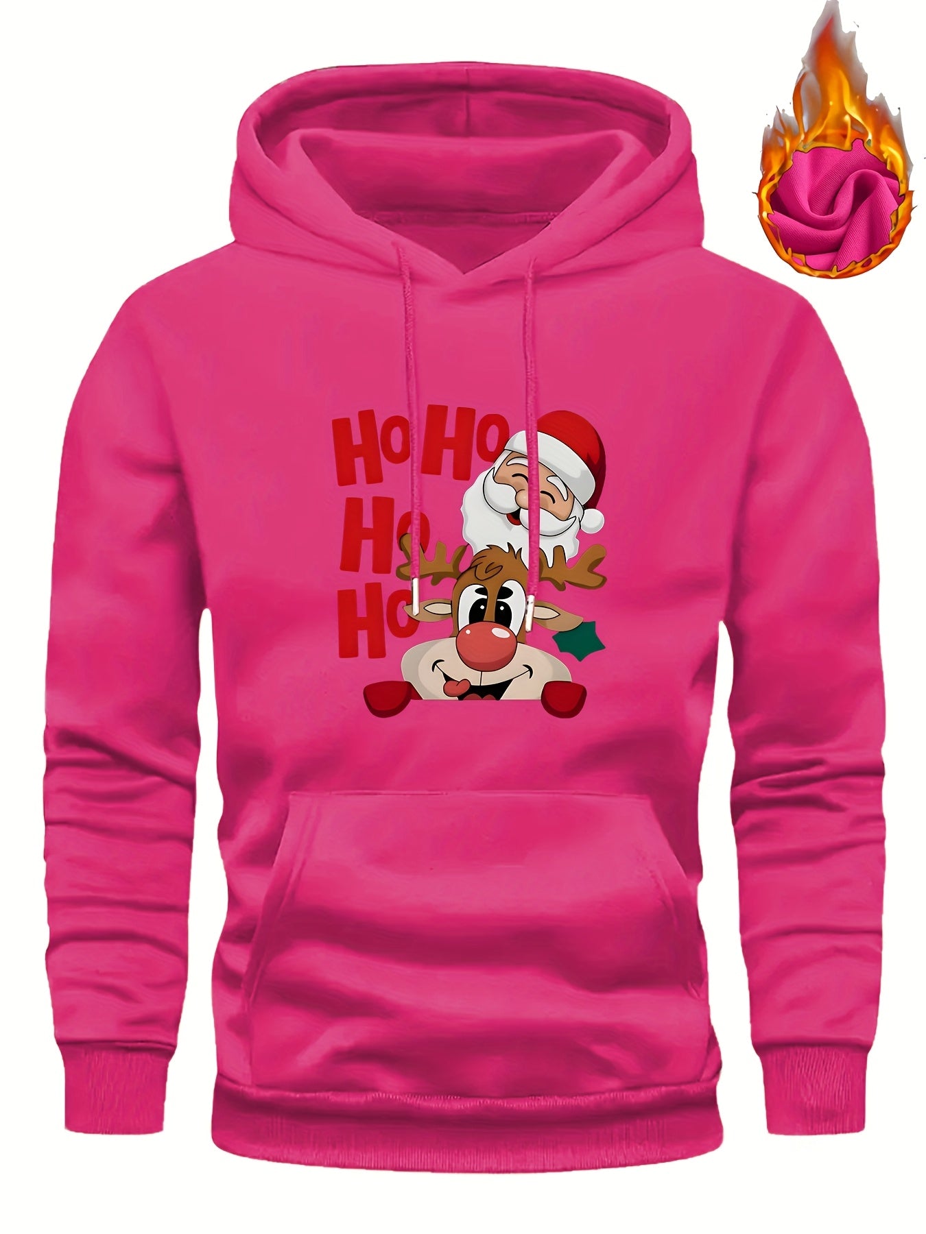 Men's Christmas Hooded Sweatshirt with Rudolph & Santa Print - Thickened Winter Pullover Hoodie, Warm Long Sleeve Casual Sweater for Skiing, Parties, Team Events - Machine Washable (Couple Matching, Unisex Style)