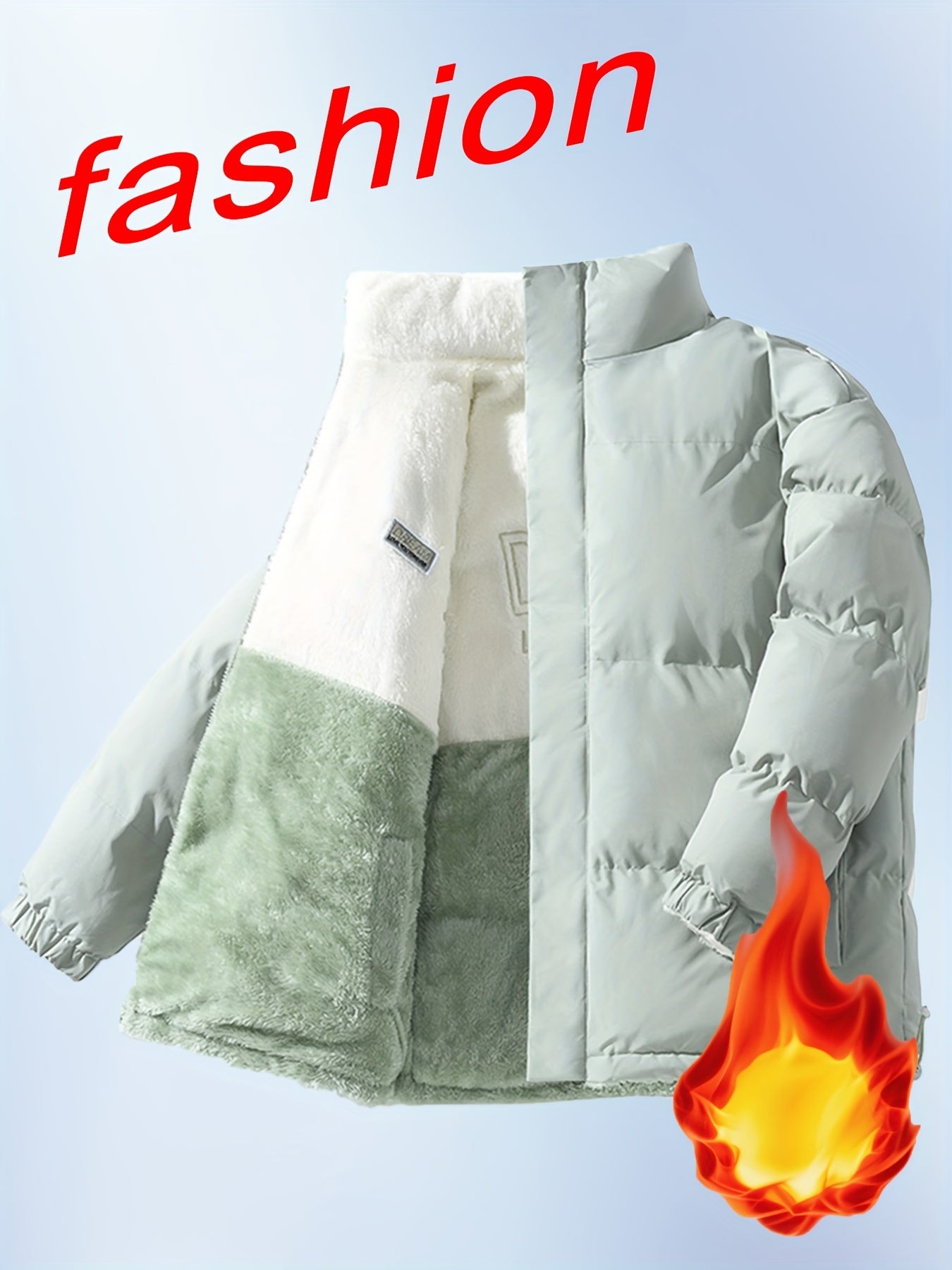 Տղամարդու երկկողմանի բրդյա ծածկույթով հաստ բաճկոն՝ առօրյա կանգնած օձիքով՝ տառերի տպագրությամբ, սովորական չափսերով, գրպաններով, պոլիեսթերային լցոնով, բազմակողմանի աշուն/ձմեռ համար, ձմեռային բաճկոն