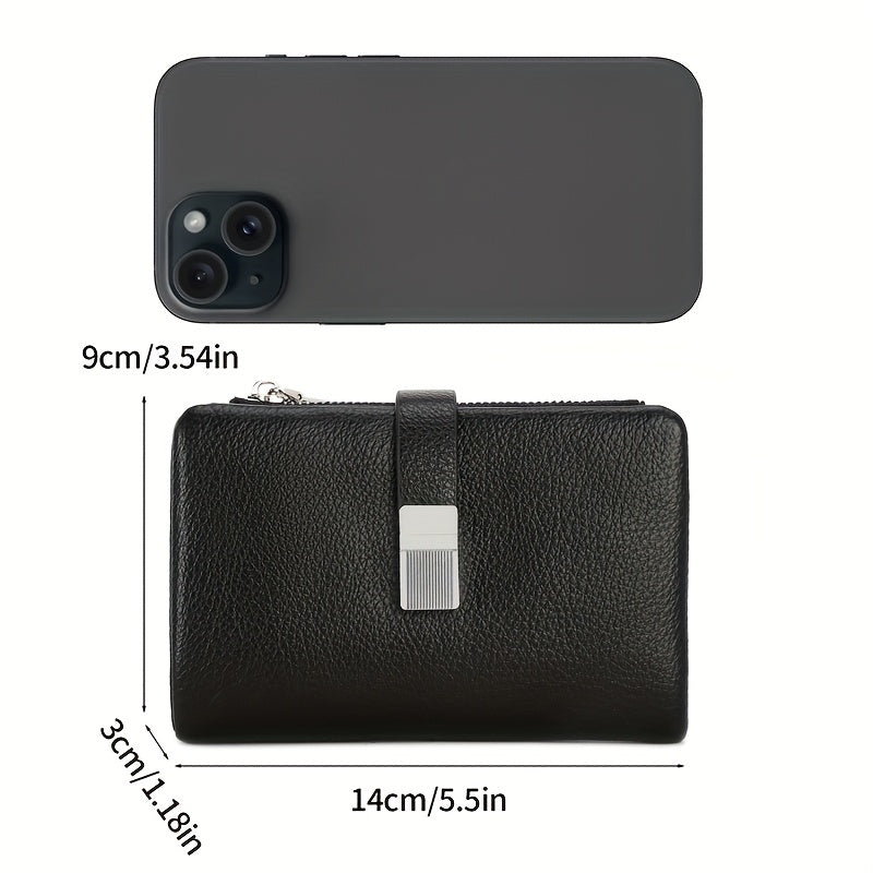 A Compact Trifold Wallet Made of Soft PU in a Solid Color, Featuring Metal Accents. It Includes a Zippered Coin Pocket, Card Slots, And an ID Window, Suitable for Credit Cards, ID Cards, Cash, And Coins. This Modern, Lightwei