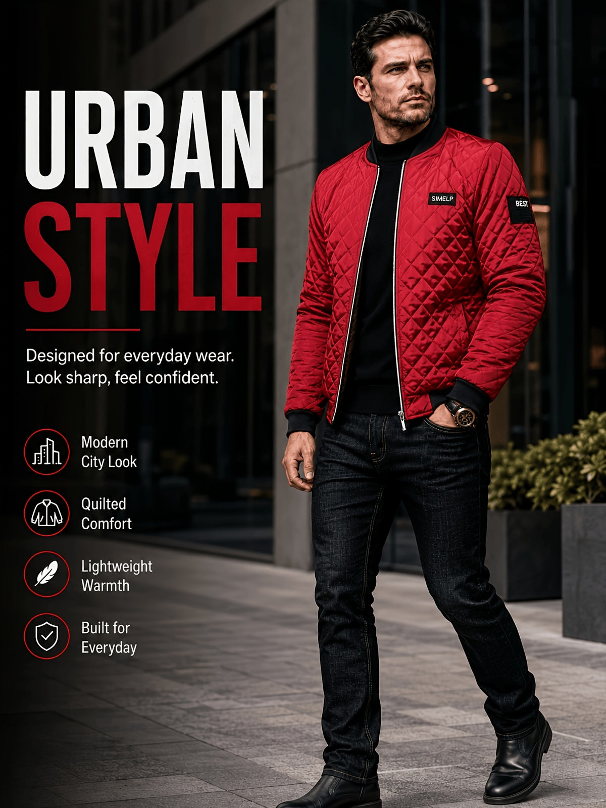 Men's Quilted Bomber Jacket with Ribbed Collar for Fall/Winter
