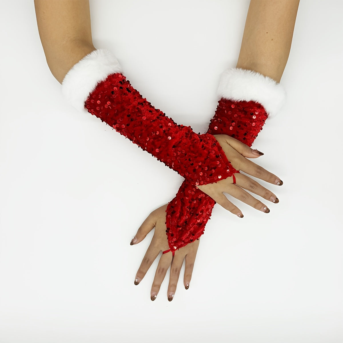 's Sparkling Red Sequin Long Gloves with White Cuff & Elastic Wrist - Glittering Fingerless Gloves for Christmas, New Year's Eve, Prom, Costume Parties - Elegant Performance Accessory (No Feathers/-Free)