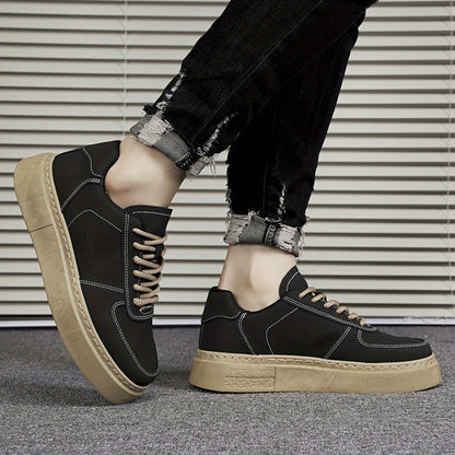 Men's Solid Colour Platform Skateboard Shoes, Comfy Non Slip Durable Lace Up Sneakers For Men's Outdoor Activities