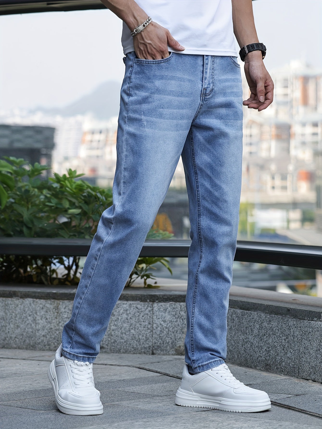 Men's Slim-Fit Stretch Denim Jeans - Casual Street Style, Mid-Rise, Light Blue, Comfortable & Versatile for All Seasons
