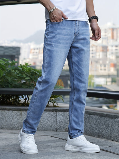 Men's Slim-Fit Stretch Denim Jeans - Casual Street Style, Mid-Rise, Light Blue, Comfortable & Versatile for All Seasons