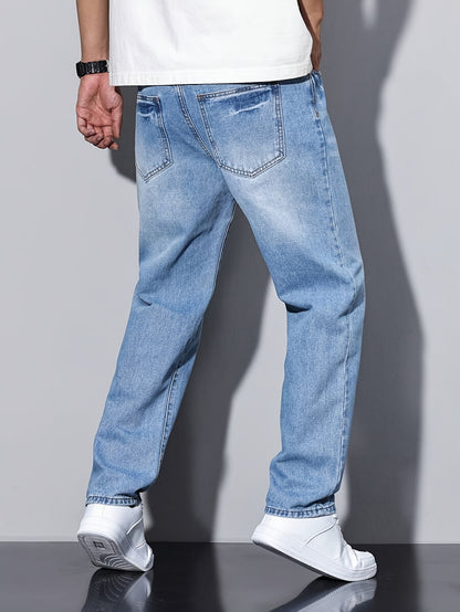Men'S Casual Loose Fit Denim Jeans, 88.5% Cotton 8.5% Polyester 3% Rayon, All-Season Solid Color Washed Fabric, Regular Length, Non-Stretch Woven Denim Pants