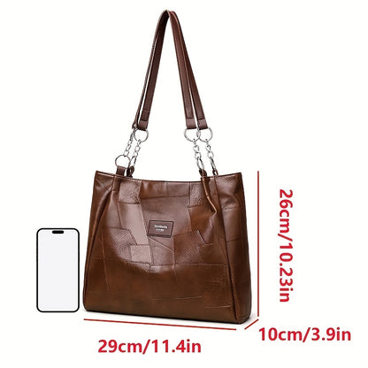 Women's Fashion Shoulder Bag with Patchwork Pattern and Chain Tote Handbag for Travel and Shopping