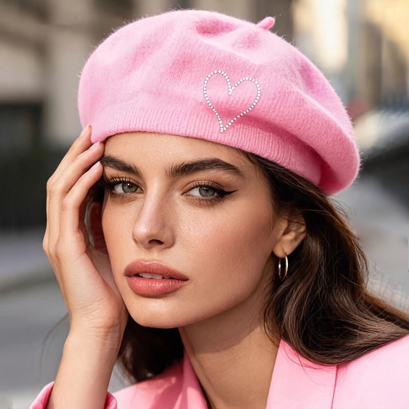 Women's Wool Beret Hat with Rhinestone Heart - Lightweight Warm