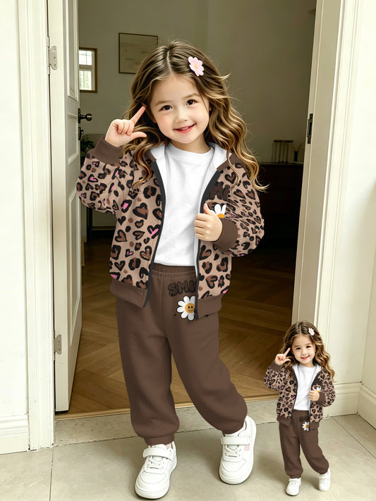 Girls Leopard Print Zip-Up Hoodie Set Lightweight Casual Outfit - ayq