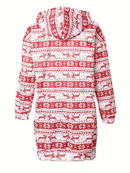 Women'S Christmas Deer & Snowflake Print Hooded Sweater Dress - Long Sleeve Winter Warmth, Red & Holiday Party Outfit with Pompom Sleeves