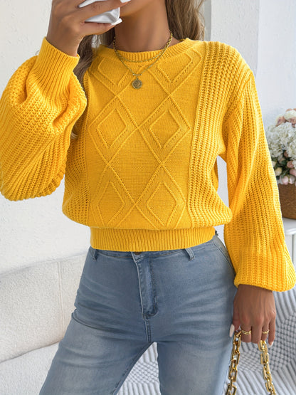 Women's Fall/Winter Crew Neck Diamond Knit Sweater with Lantern Sleeve