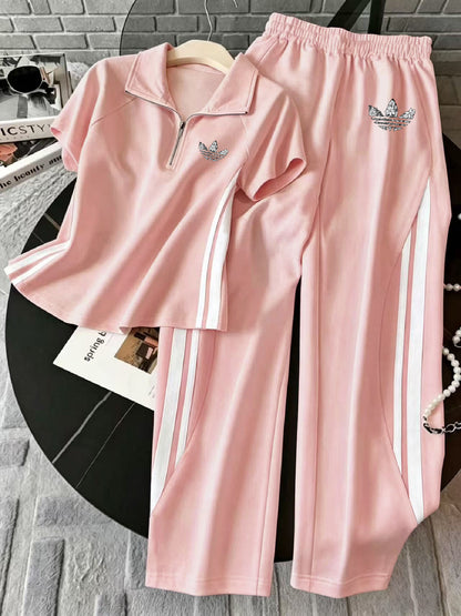 Retro Polo Neck Top & Wide Leg Pants Set with Side Stripe