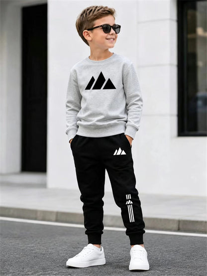 Boys' Mountain Peak Print Hoodie and Pants Set, Soft Polyester