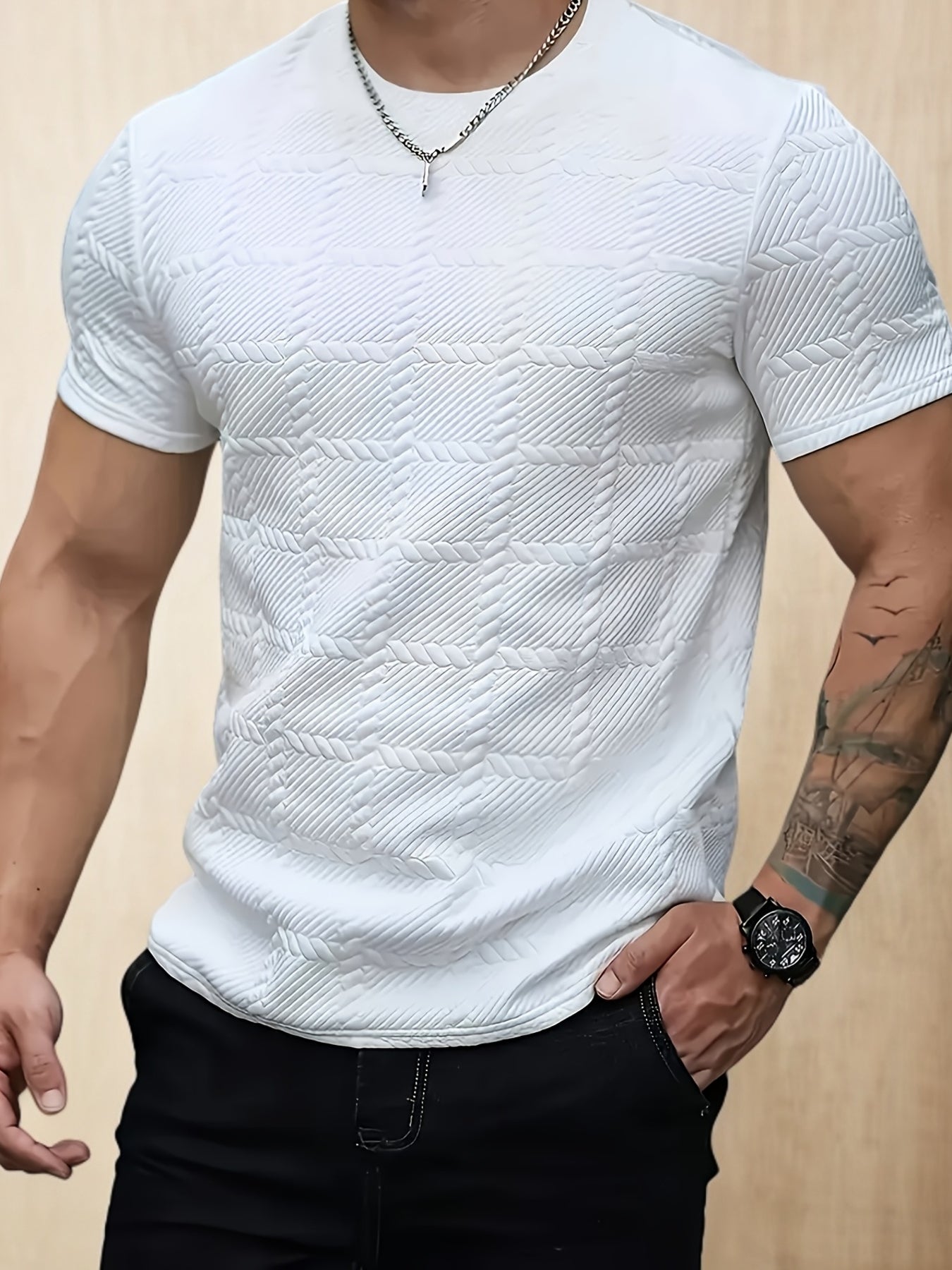 Men'S Casual Jacquard Knit Short-Sleeve T-Shirt - Featuring a Stylish Geometric Pattern, Round Neck, Comfortable for All Seasons, Perfect for Casual Wear - ayq