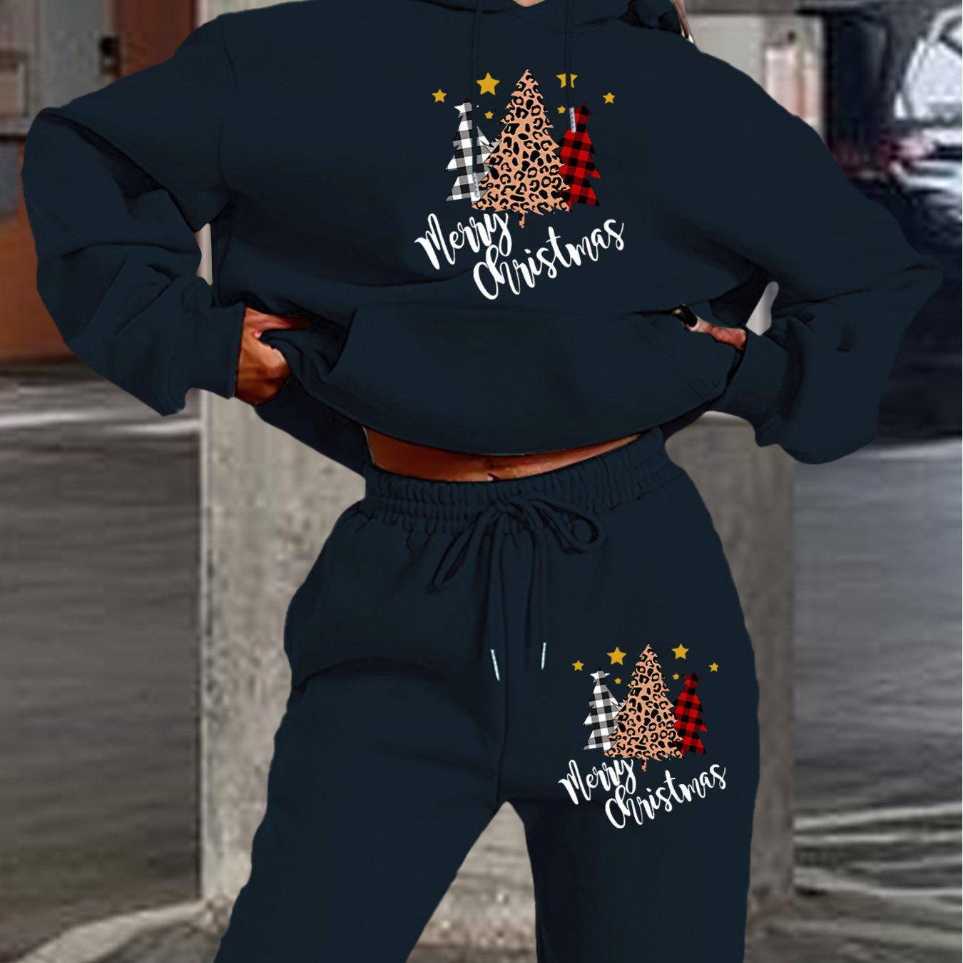 Women'S 2024 New Year Sweatshirt and Pants Set, Hooded Long Sleeve Casual Outfit with Pockets, Polyester Knit Fabric, Geometric Pattern, for Autumn/Winter Season