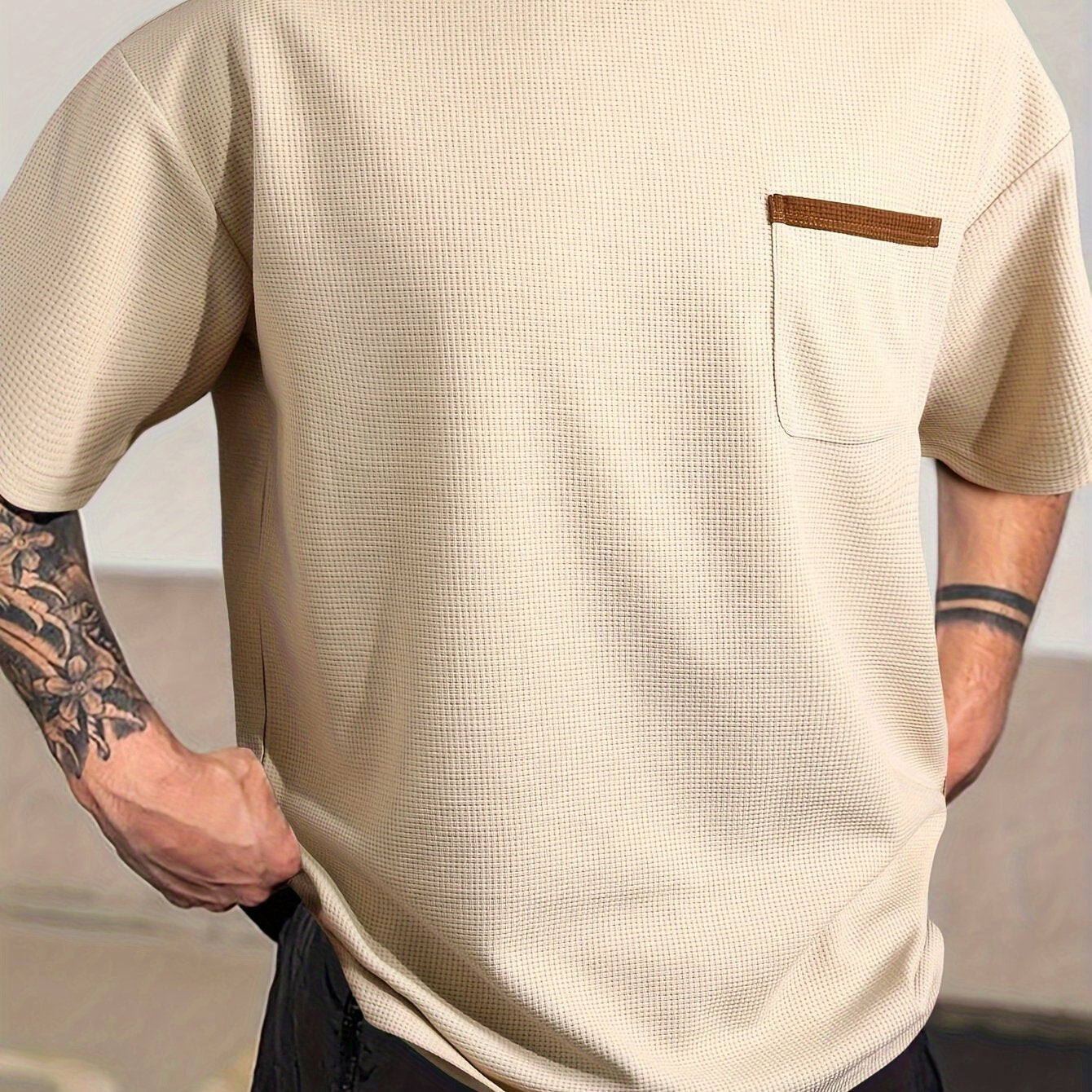 Men's Solid T-shirt With Chest Pocket, Casual Short Sleeve Crew Neck Tee, Men's Clothing For Summer Outdoor