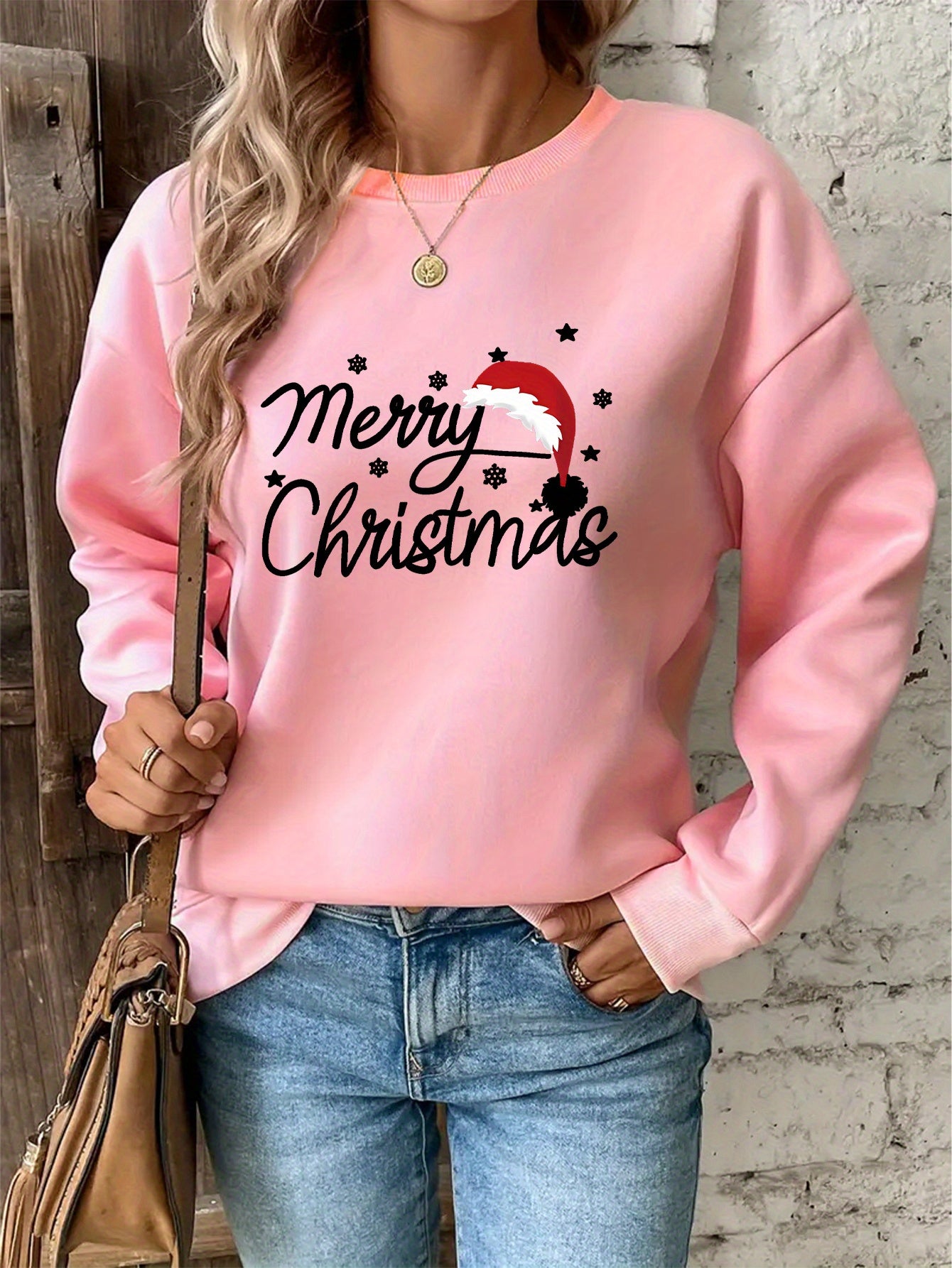 Women'S Christmas Letter Print Crew Neck Pullover Sweatshirt - Elegant Casual Long Sleeve Fleece-Lined Top with Festive Santa Hat & Star Design, All-Season Comfort for Holiday & Casual Attire, Christmas Sweatshirts, Seasonal