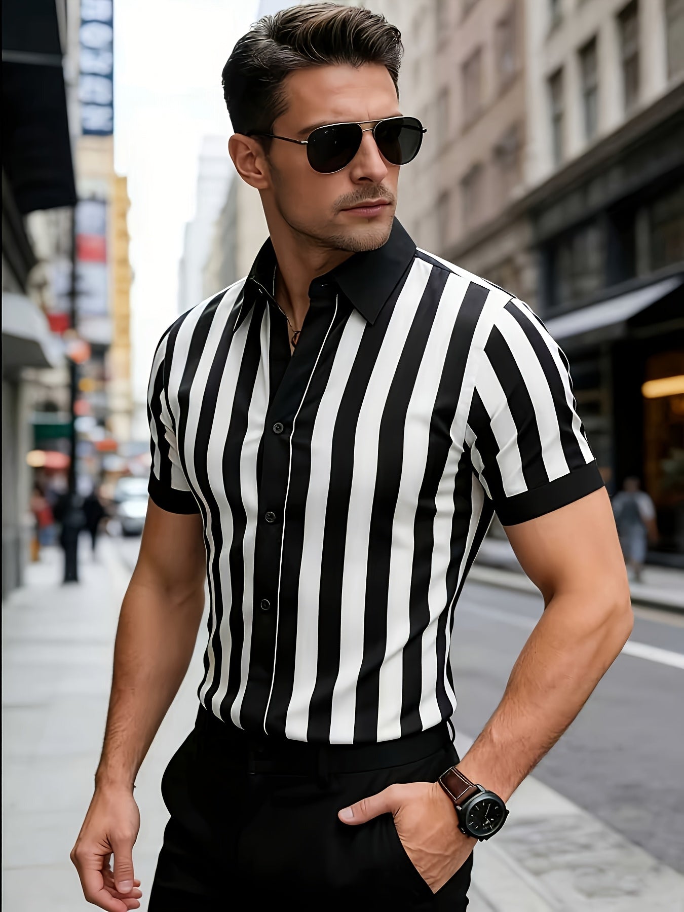 Men's Casual Striped Short-Sleeve Polyester Shirt