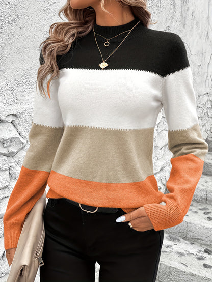 Կանացի էլեգանտ Color Block Crew պարանոցի սվիտեր՝ երկարաթև, ձգվող ակրիլային խառնուրդ, շերտավոր դետալներ, կատարյալ բոլոր սեզոնների համար