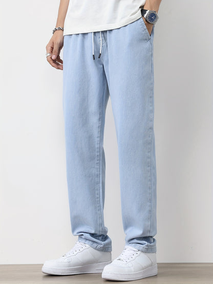 Men's Solid Washed Denim Trousers With Pockets, Causal Drawstring Cotton Blend Barrel Jeans For Outdoor Activities