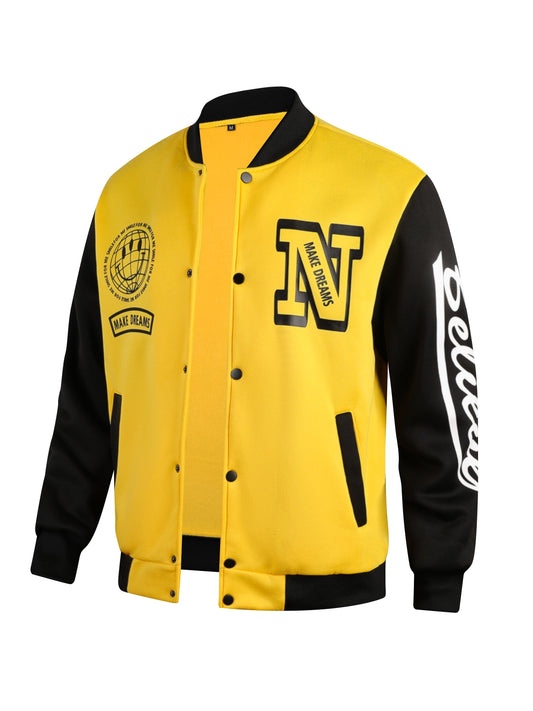Men's Letter Print Contrast Color Baseball Jacket