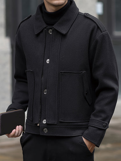 Men's Stylish Autumn/Winter Warm Polyester Casual Jacket with Lapel Collar, Zipper Closure, and Pockets - 100% Polyester Solid Color Loose Fit Coat