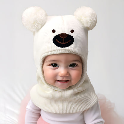 Toddler Bear Knit Balaclava Hat with Pom-Poms for Winter