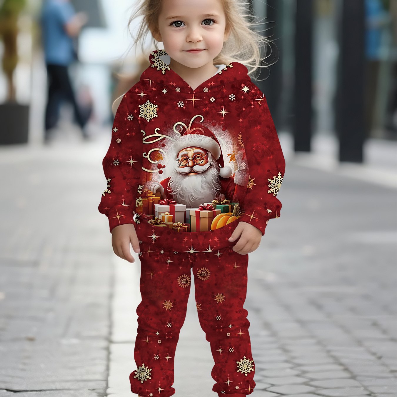 2pcs Girls' Santa Claus Face & 3D Print Hooded Sweatshirt & Pants Set - Red & Golden Christmas Outfit with Santa Hat & Reindeer Design, Casual Winter Clothes for Toddlers & Kids, Perfect Gift for Little Boys & Girls (Machine