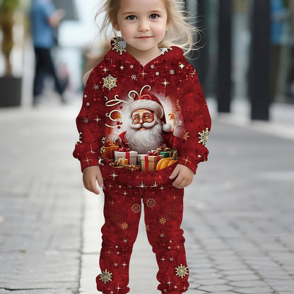 2pcs Girls' Santa Claus Face & 3D Print Hooded Sweatshirt & Pants Set - Red & Golden Christmas Outfit with Santa Hat & Reindeer Design, Casual Winter Clothes for Toddlers & Kids, Perfect Gift for Little Boys & Girls (Machine