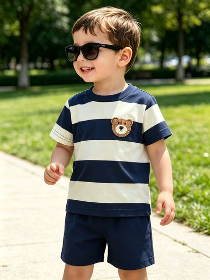 Baby Boys' Navy Blue Striped Summer Set with Bear Knit
