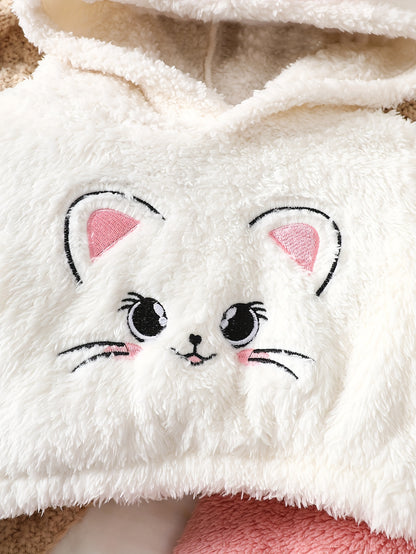Girls' Cute Cartoon Cat Print Hooded Sweatshirt & Pants Set - Soft Plush Fleece, Pink &, Perfect for Outdoor Play & Daily Wear, Ideal Gift for Newborns, Outdoor Play Clothes, Playful Design, Comfortable Clothing, For Outdoor