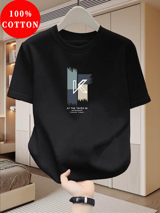 Men's Heavyweight 100% Cotton T-Shirt - Beige Crew Neck Tee, Breathable Summer Shirt for Everyday  Formal Wear, Soft Everyday Essential, Relaxed Fit, Stylish Lettering, Premium Quality, Short Sleeve Top, Casual Wardrobe
