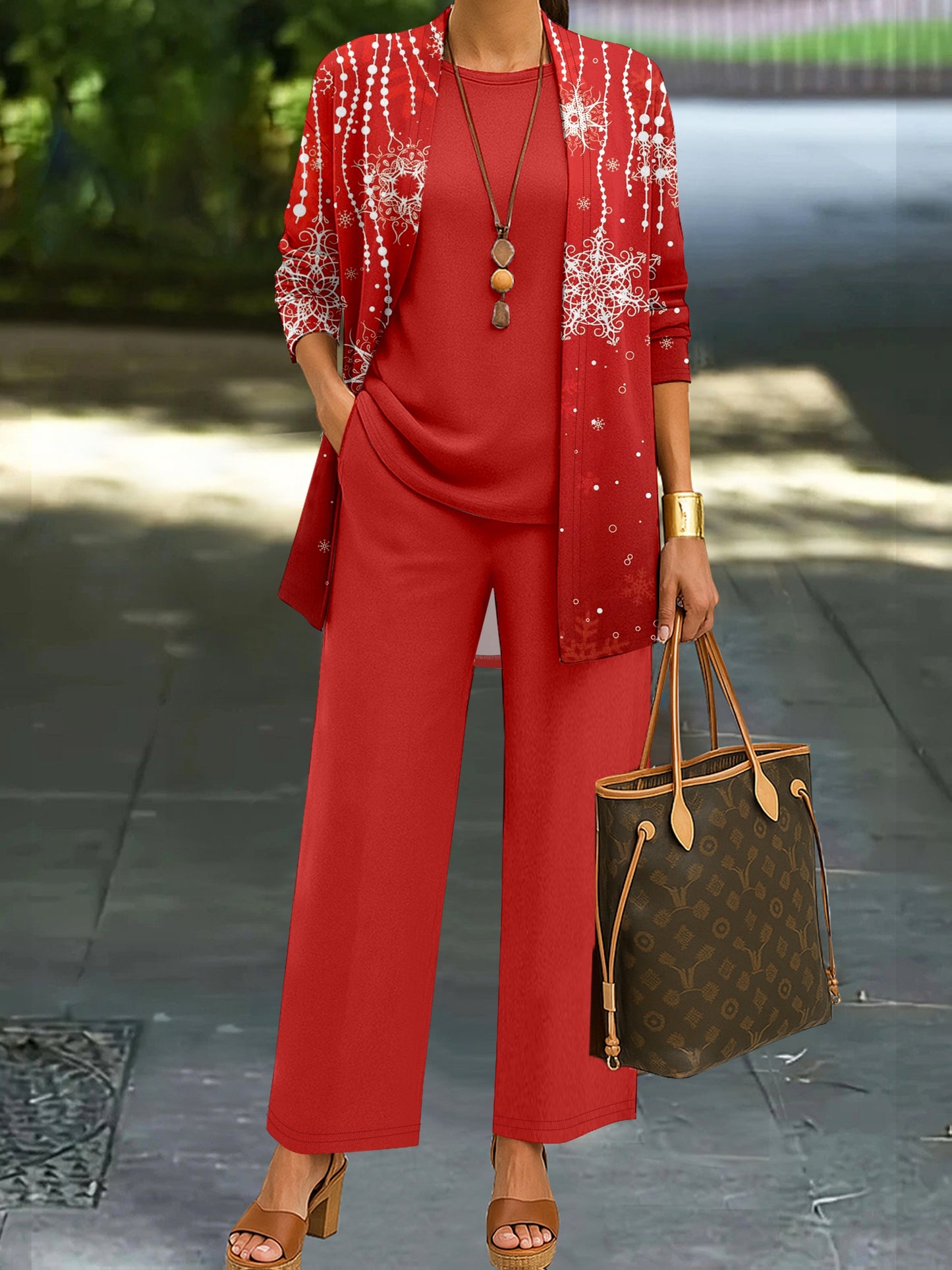 Red Base Pattern Print Top and Pants Three-Piece Set, Spring Summer Autumn Winter Versatile Fashion Full-Body Print Long Sleeve Jacket Solid Color Round Neck