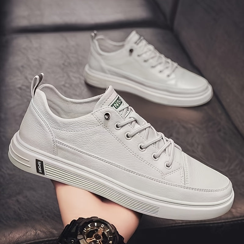 Men's Stylish White Low-Top Sneakers with Feather Design - Slip-Resistant, Lace-Up Casual Shoes for Casual Attire, Walking, Jogging & Travel | Breathable PU Upper, Durable PVC Sole, Comfortable Fabric Lining - ayq
