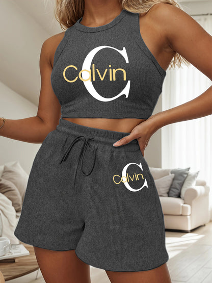 Women's Casual Two-Piece Set with Graphic Print Vest & Shorts